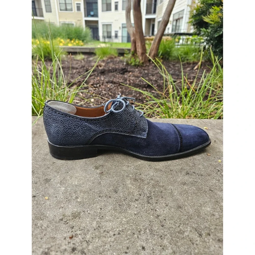 Mezlan Janus Oxford Mens 9 Navy Blue Suede Pebbled Leather Cap Toe Dress Shoes ~